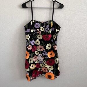Large Women's Floral Embroidered Artsy Mini Bodycon Dress Lined Mesh Whimsigoth